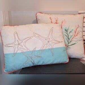 Set of 2 Coastal Throw Pillows | Coral & Starfish | Reversible Beach Decor